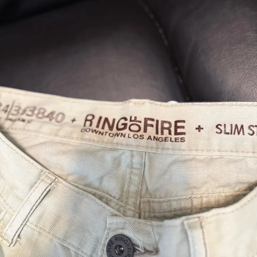 Ring of Fire Slim Straight Jeans Mens 34x27 Cream Khaki Denim Pants Casual